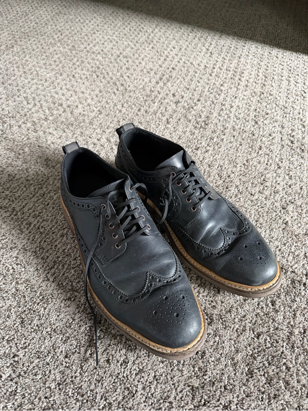 Cole Haan Black Leather Wingtip Derby with Tan Welt